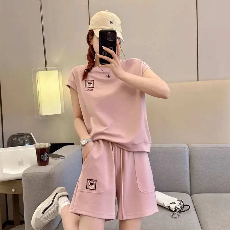 

2025 Summer Casual Sports Suit Women's Loose Large Size Korean Version Fashion Short Sleeves and Shorts Running 2 Two piece Sets
