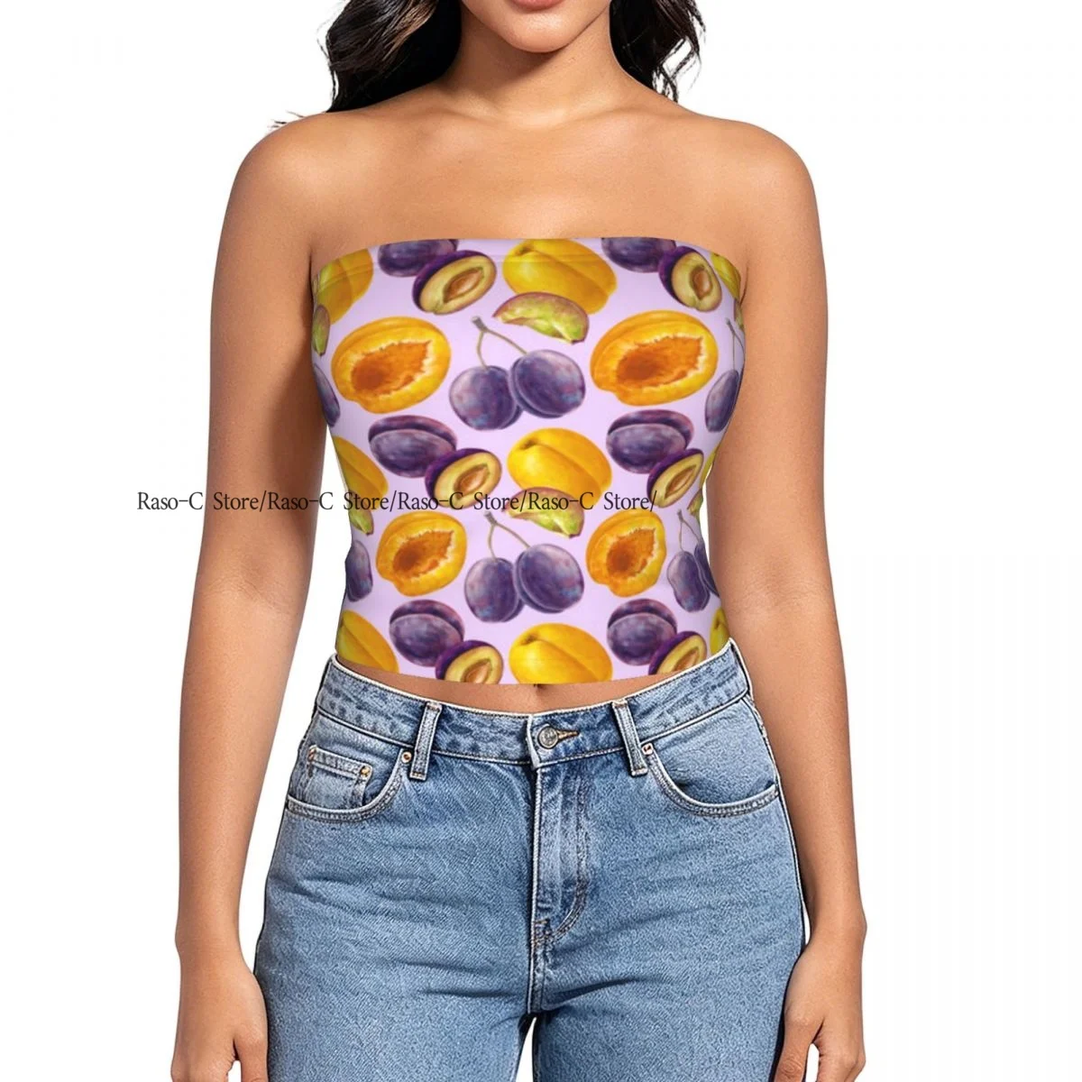 Women's strapless halter top Apricots And Plums Lilac Background summer sexy short-sleeved top