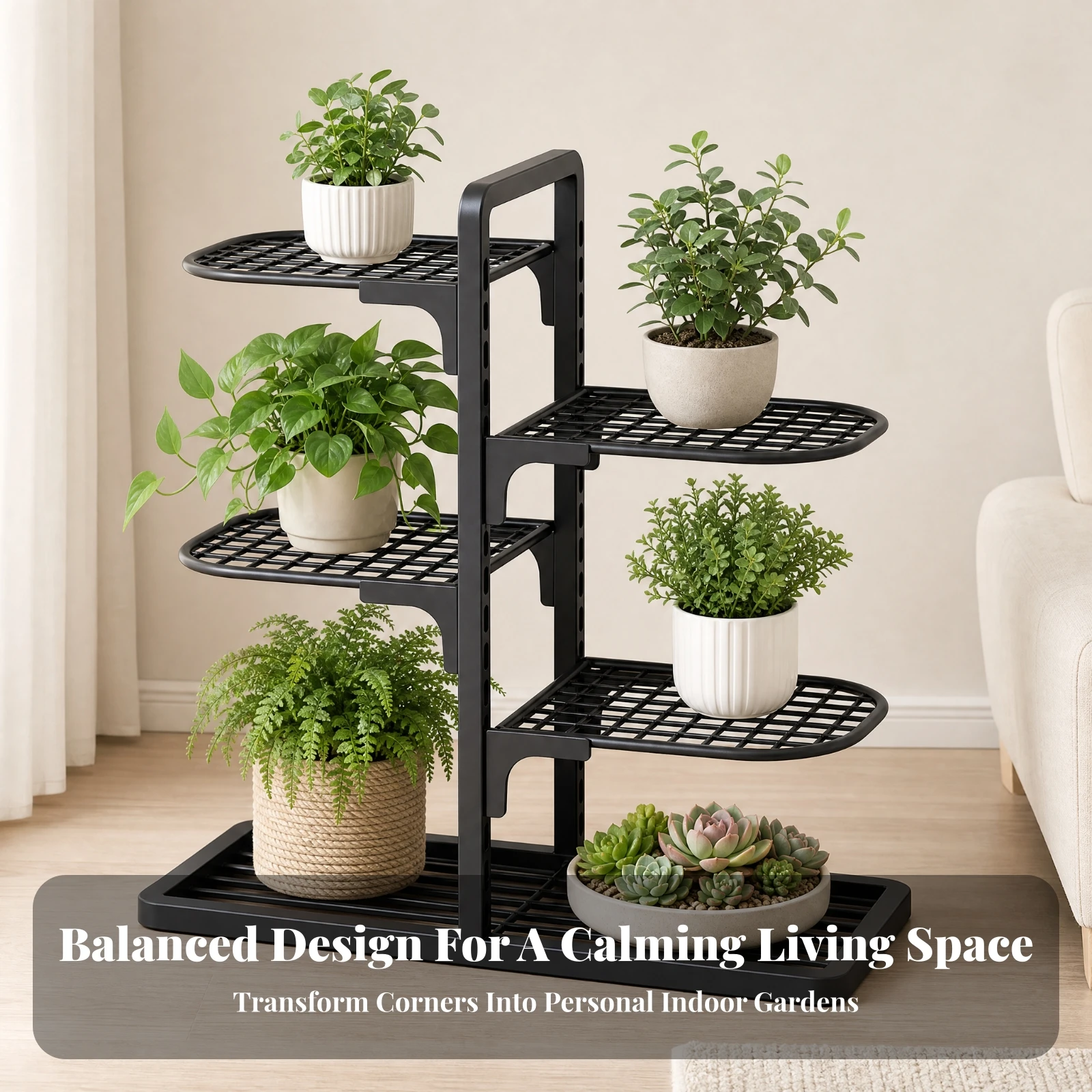 Four-Tier Metal Plant Stand Freestanding Plant Stand with Grid Shelves Space-Saving Compact for Balcony, Patio