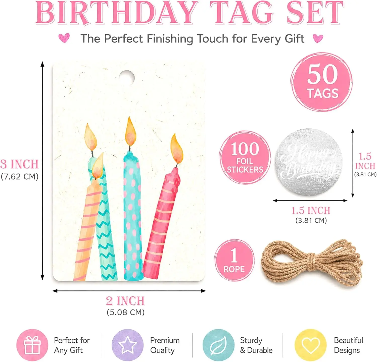 50 Pcs Colorful Birthday Gift Tags with String 2 X 3 Inch Textured Paper Foil Balloons Candles Hanging Labels Watercolor Theme