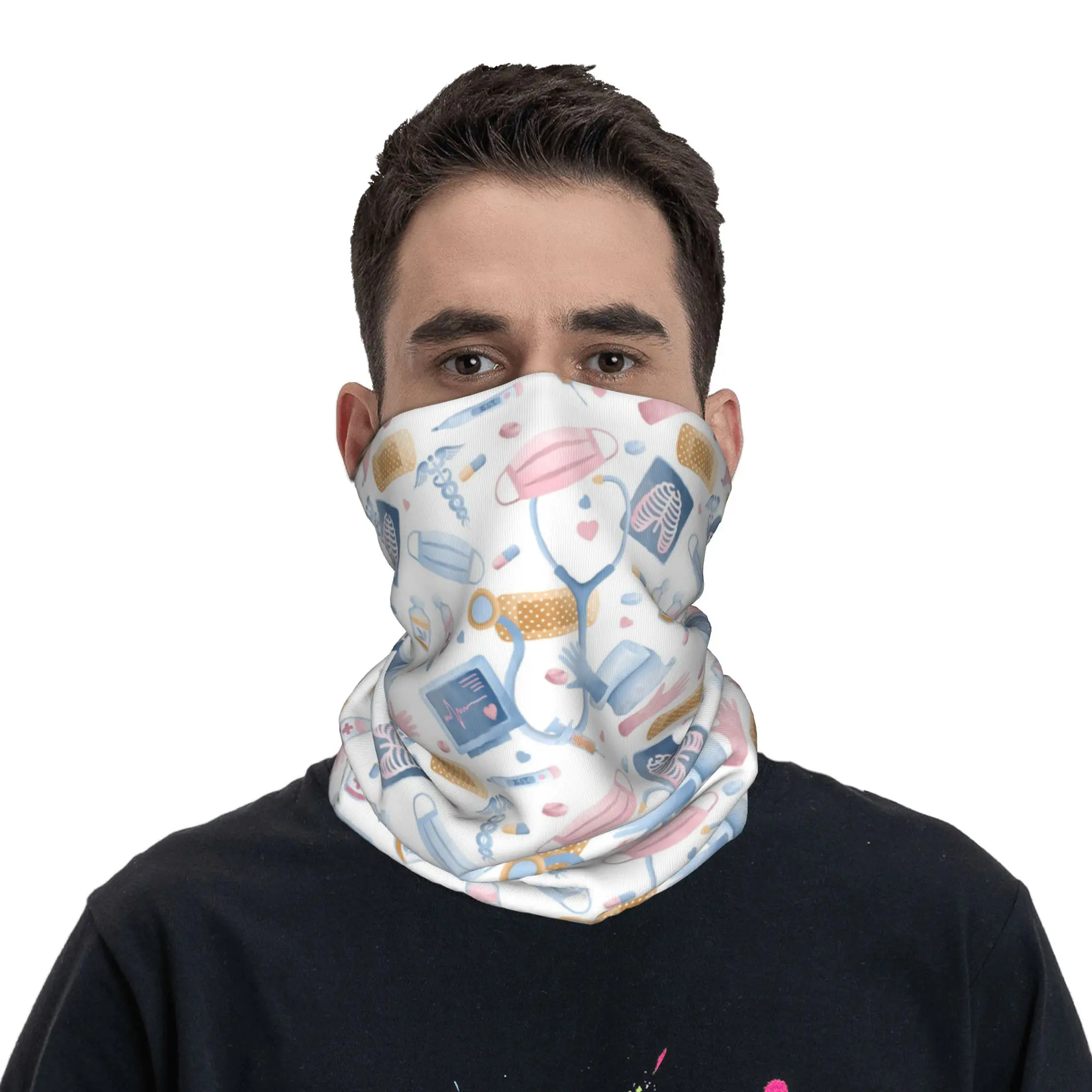 Watercolor Nursing Nurse Dr Medical Collage Bandana Neck Gaiter Printed Face Scarf Headwear Riding for Men Women Adult Windproof