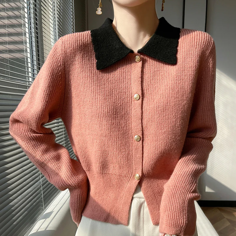 Autumn Winter Women Wool Blend Sweater Slim Polo Collar Cardigan Female Casual Knitted Splicing Bottoming Coat Comfortable  Tops