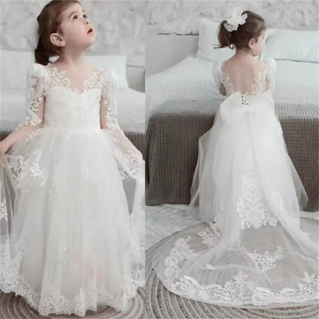 Flower Girl Dress Tulle White Lace Flory Pattern Long Sleeve for Wedding Dresses Kids Birthday GIFT Party First Communion Gowns