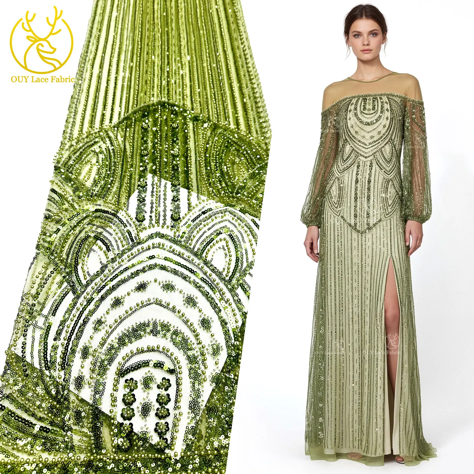 Green African Beaded Lace Fabric 2026 High-Quality French Nigerian Sequined Lace Fabric Party Dress Sewing Material 5 Yards