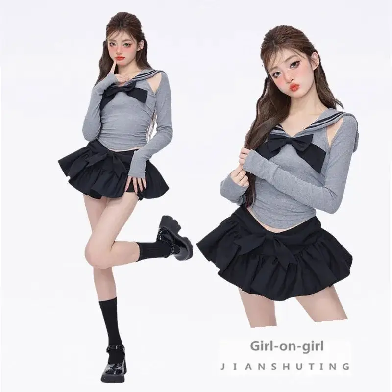 Preppy Style Gothic Y2k Two Pieces Kawaii Clothes Crop Top Mini Skirt Women Hollow Out Long Sleeve T-Shirt Bow Skirt Harajuku