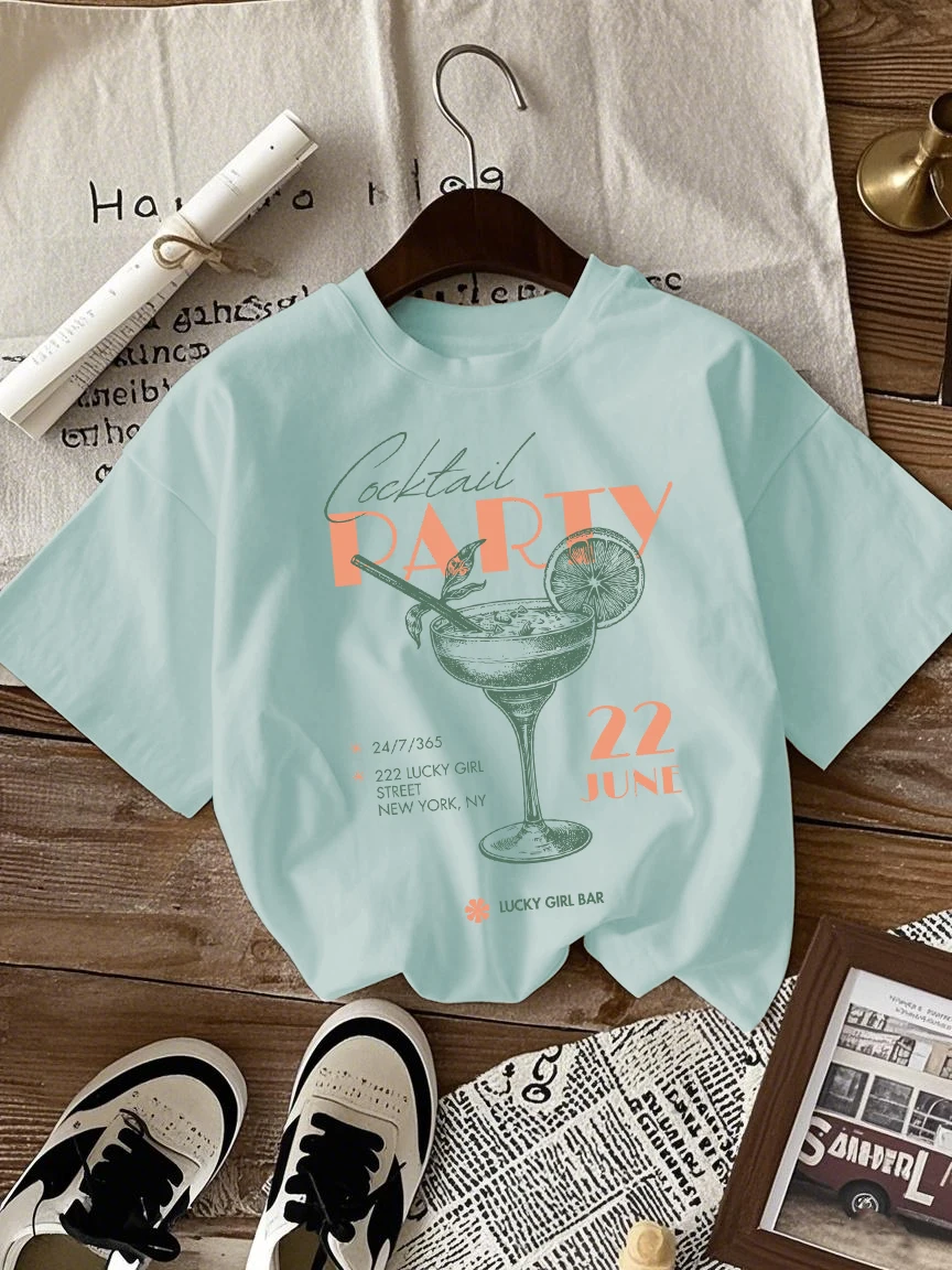 

Cocktail Party Lemon Juice New York Print Women T Shirts Casual Hip Hop Tops Multicolor Cotton T-Shirt Summer Loose Short Sleeve