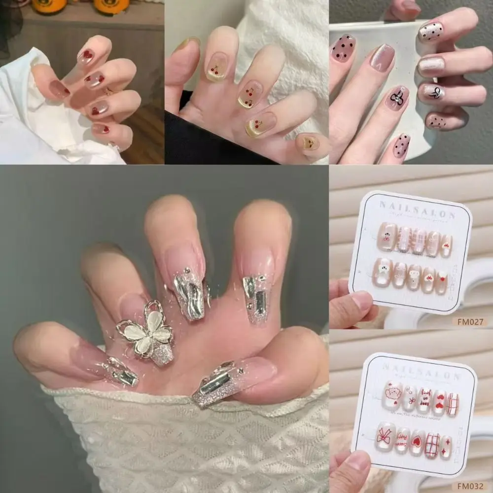 Fashion Wearable French Fake Nails Removable Rhinestone Butterfly Gradient Nail Art Handmade Cat-eye Nail Tips Women
