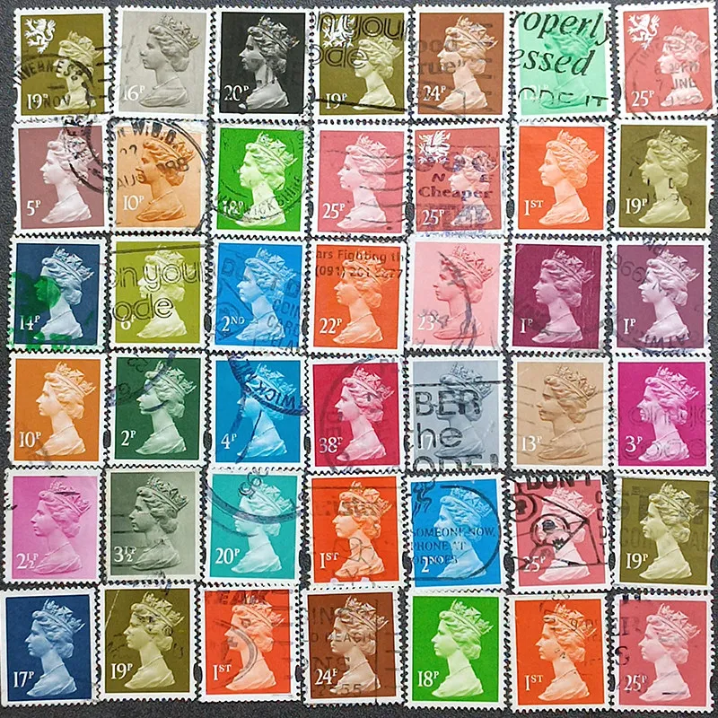 Vintage UK Used Queen Elizabeth II Postage Stamps 50Pcs Original Postmark All Different For Philately Scrapbooking Collectors