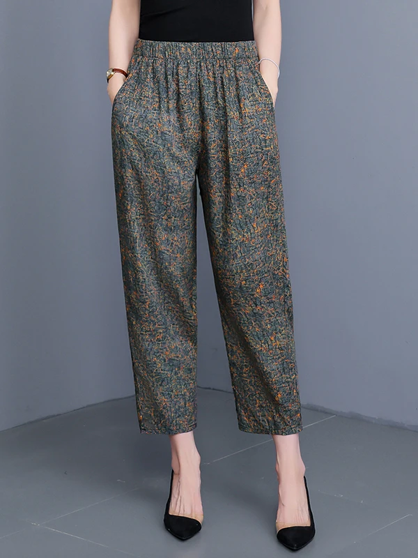 New Floral Cotton Silk Pants High Waist Wide Leg Casual Trousers for Women Mom Suitable Outerwear Artificial Cotton Nine Points