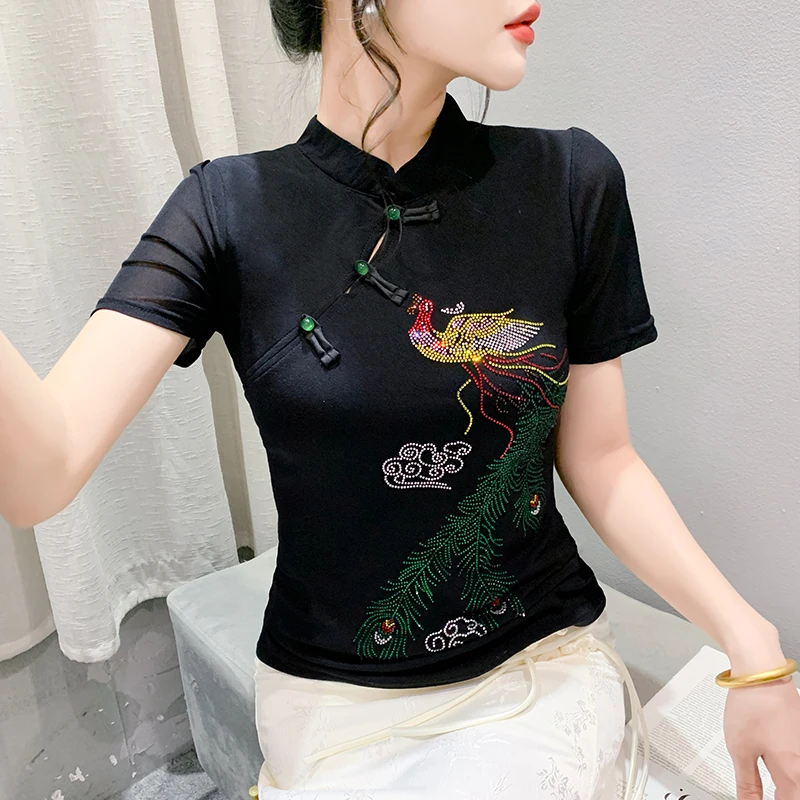 2024 New Summer European Clothes Mesh T-Shirt Chic Sexy Stand Patchwork Shiny Diamonds Peacock Women Tops Short Sleeve Tees 4700