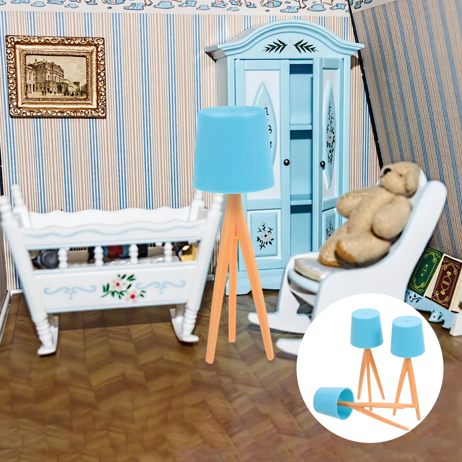 3pcs Mini Floor Lamp Blue Table Light For Accessories Scene Realistic Design Warm Atmosphere Stylish House Lamp Miniature