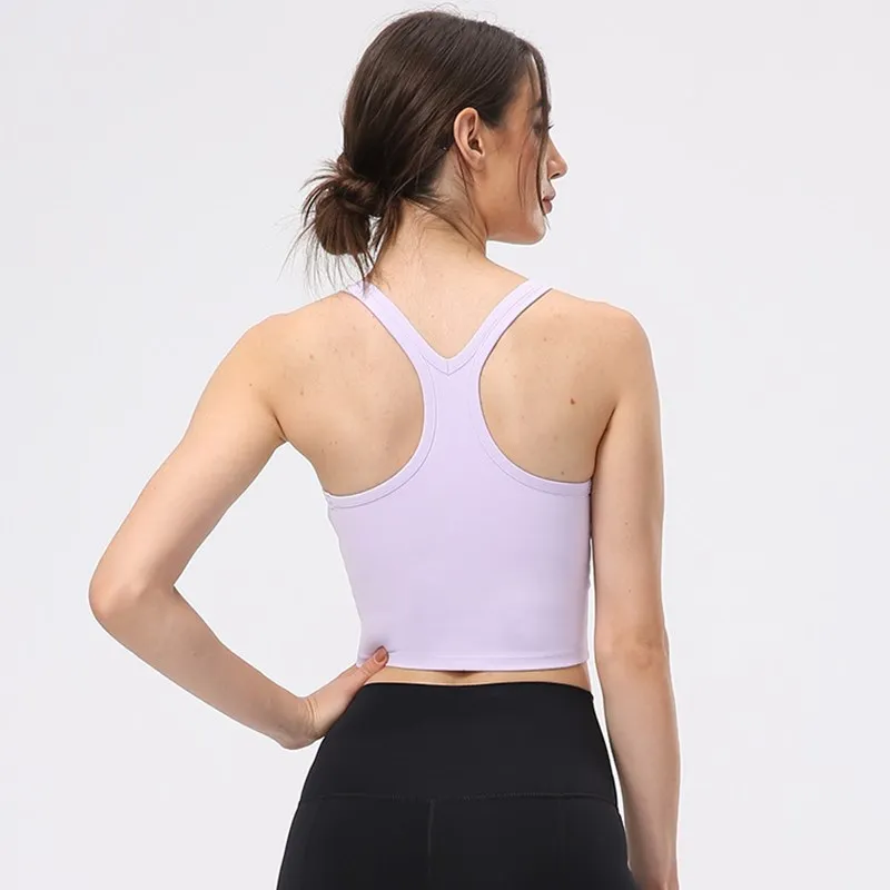 Solid Color Sport Tank Gym Yoga Vest Crop Top Tight Fitness Bra Women Workout Training With Removable Chest Pad Moisture Wicking