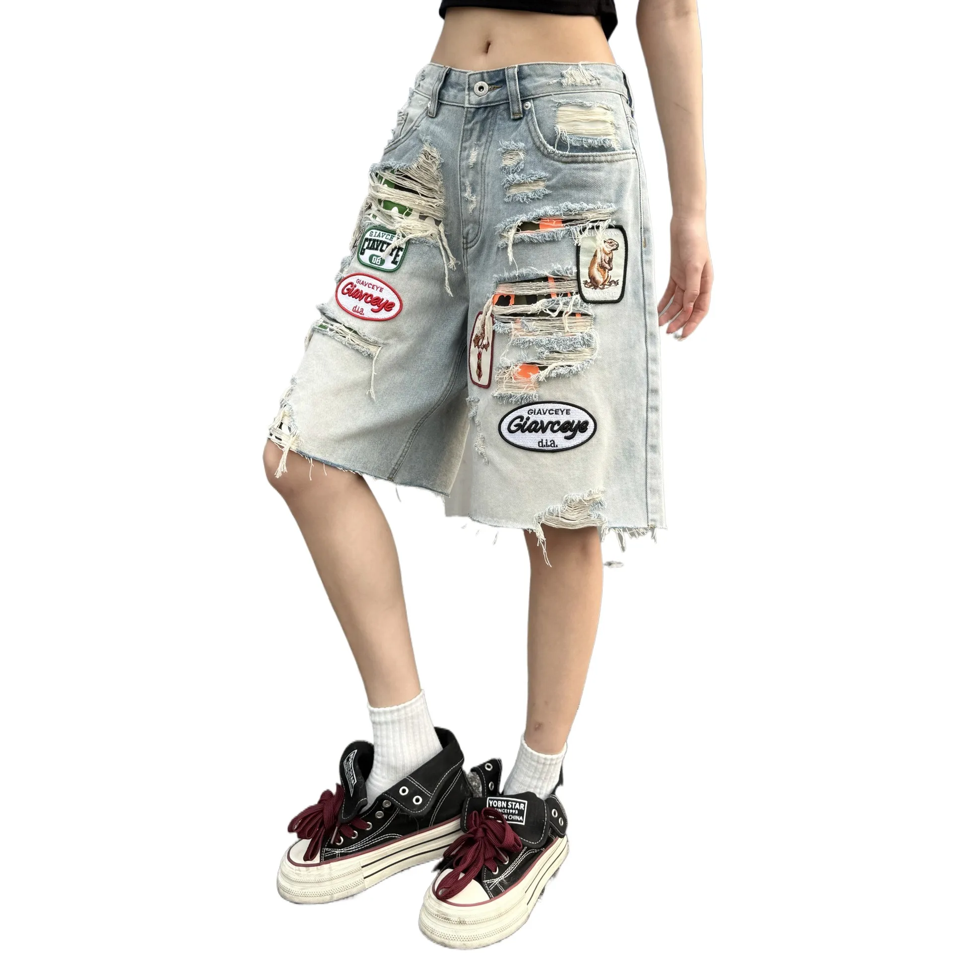 

Men's High Street Destroyed Short Jeans With Patches Fashion Loose Fit Vibe Style Hip Hop Denim Shorts Baggy Ripped Jeans