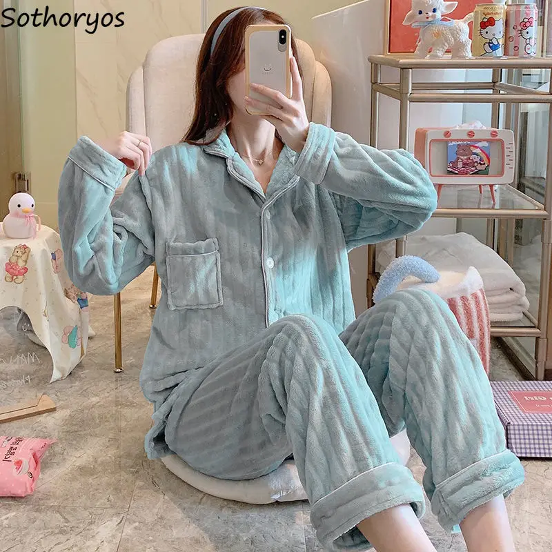 Winter Flannel Pajama Sets Women Thicker Plus Velvet Two Pieces Student Ins Cute Fluffy Warm Various Kinds Cozy Harajuku Female