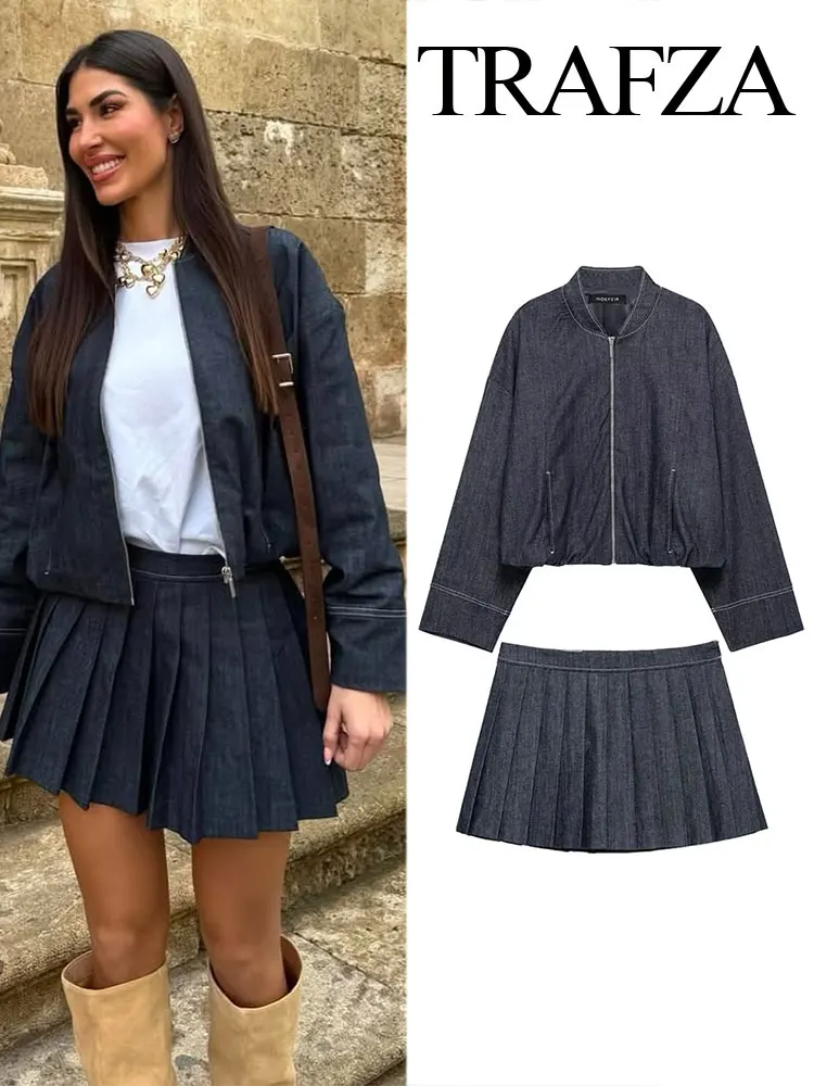 

TRAFZA 2025 Women's Fashion Denim Jacket Casual Jacket Set Summer High Waist Pleated Mini Skirt 2-Piece Set Women's Streetwear