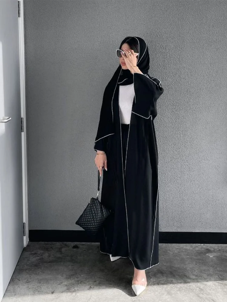 Women Abaya Cardigan Abayas Double Layers Kaftan Islamic Muslim Dubai 2024 Overlock Stitching Turkey Open Abaya Set 3 Piece