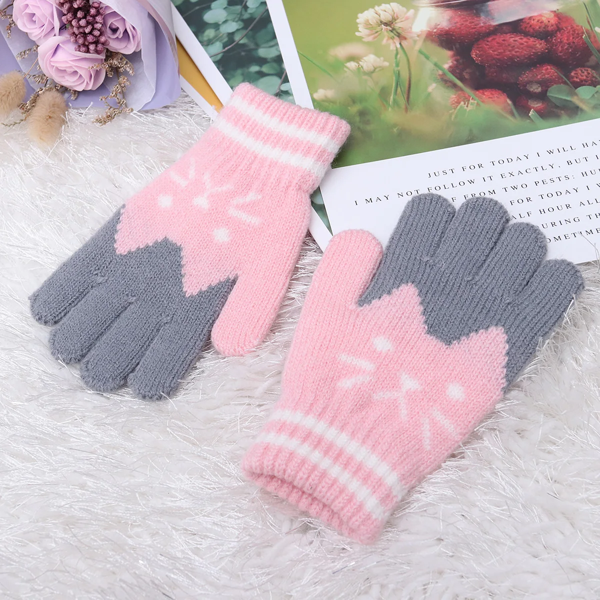 

Warm Knit Gloves For Kids Girls Wool Blend Comfortable Outdoor Camping Warm Girl Gloves Playing Pink