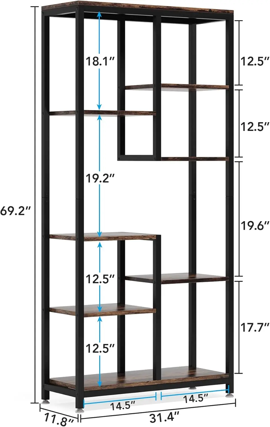 6-Tier Tall Bookshelf Bookcase, Industrial 8-Shelf Open Bookcase Storage Display Book Shelves for Living Room, Home O