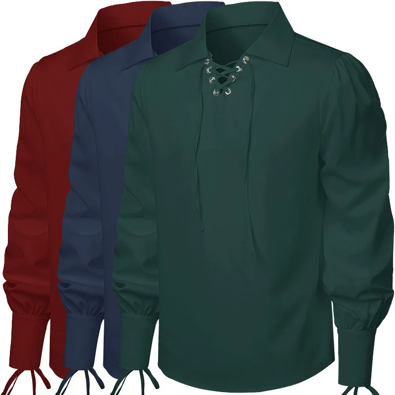 Viking Renaissance Style Lace-Up Shirt — Suitable for Mercenaries, Halloween, and Scottish Men's Attire view 2