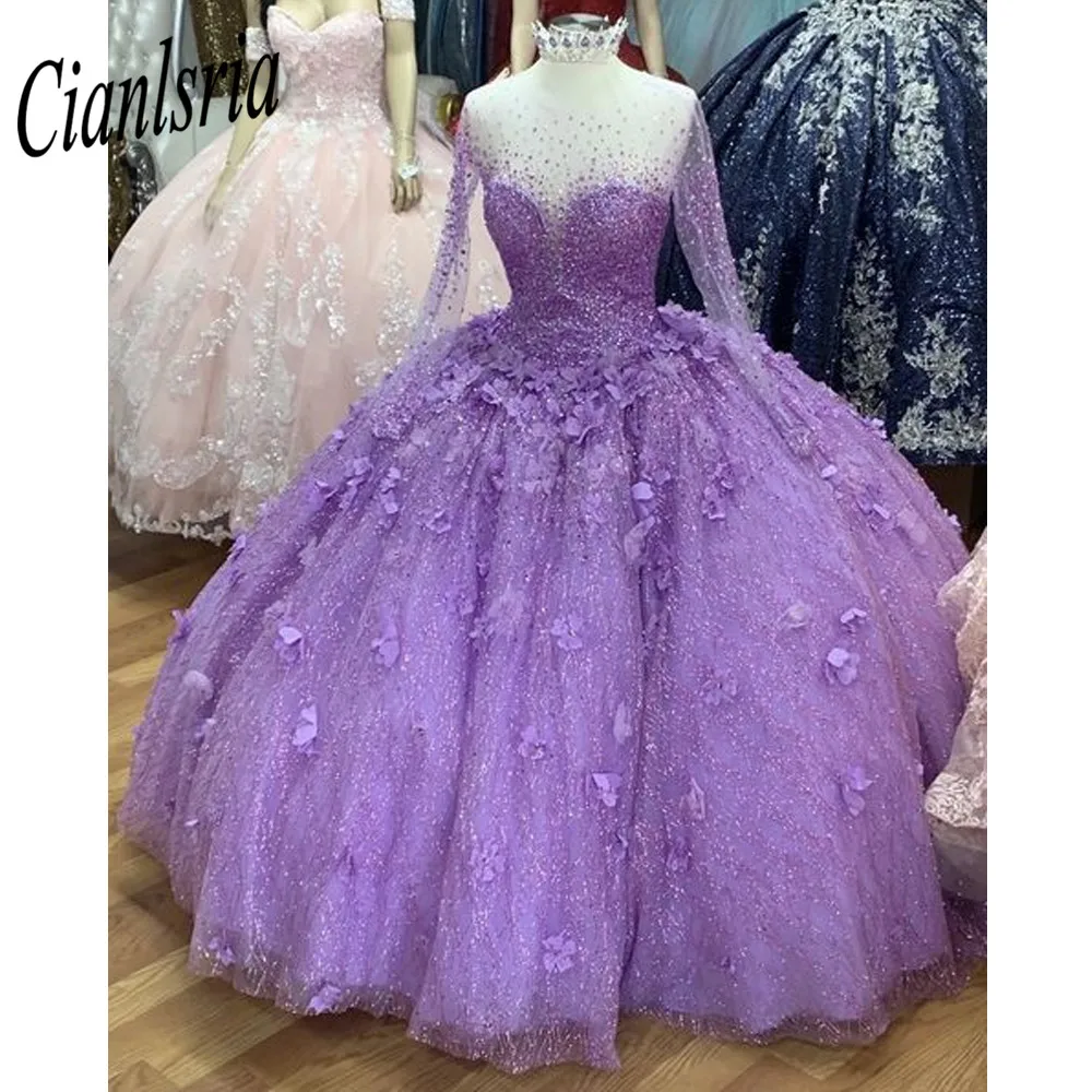 Sparkly Princess Quinceanera Dresses  Appliques Long Sleeve Sequins Lace Sweet 15 16 Dress vestidos de xv años