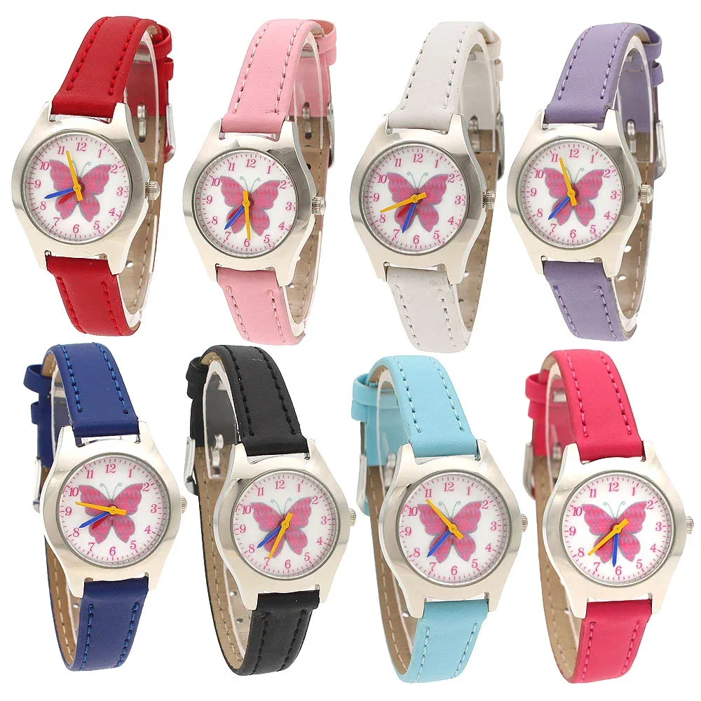 لطيف الكرتون ووتش أزياء صغيرة فراشة فتاة الكوارتز ساعات جلدية كوارتز الأطفال هدية ساعة اليد