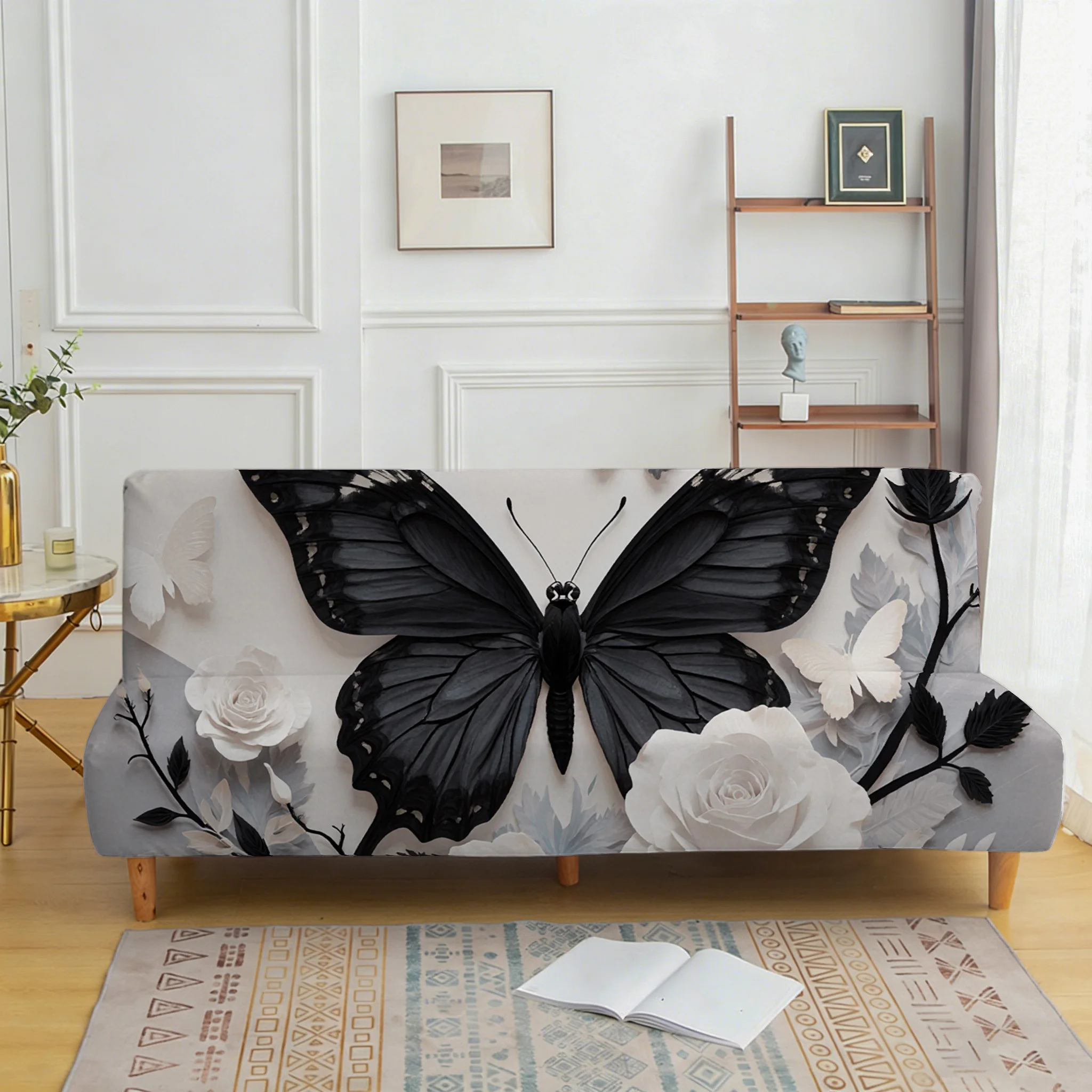 Black butterfly flower print sofa bed cover, living room sofa bed cover, dustproof machine washable sofa bed cover