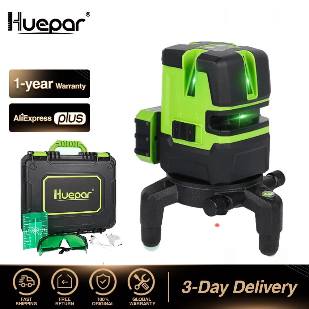 Huepar NT411G Livello laser multilinea - Quattro linee trasversali verticali e un orizzontali Strumento autolivellante a raggio verde con punto idraulico