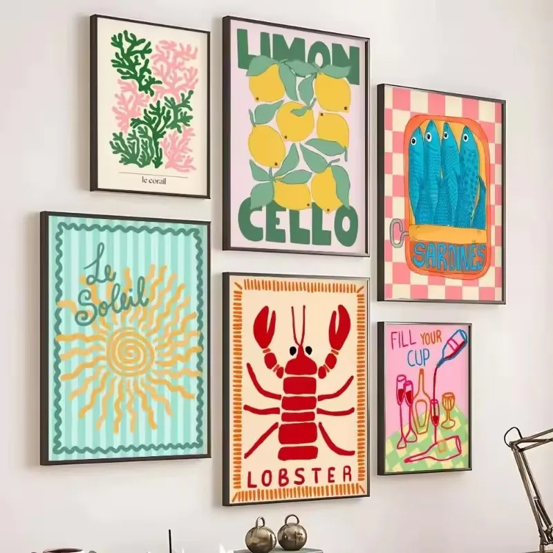 Tropical Preppy Seashell Beach Summer Poster Print Wine Lobster Canvas Art Painting Pictures Home for Modern Living Room Decor