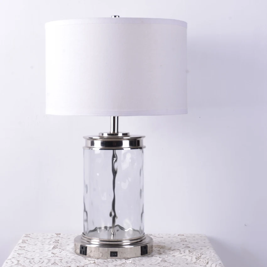 

High Quality Modern Guestroom Bedside Table Lamp Clear Glass Base 2 Outlets E26 Bulb Base 220V AC Drum High LED/Bulbs Included