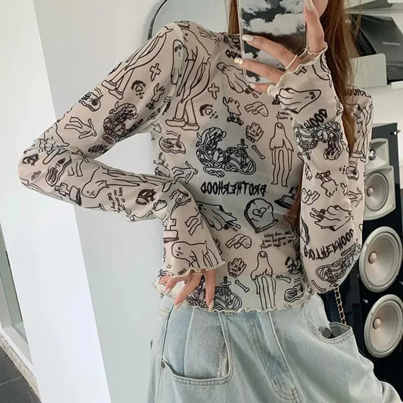 MEXZT Y2K Mesh Sheer T Shirts Women Streetwear Cartoon Print Crop Tops Korean Sexy See Through Long Sleeve Slim Chic Tees New