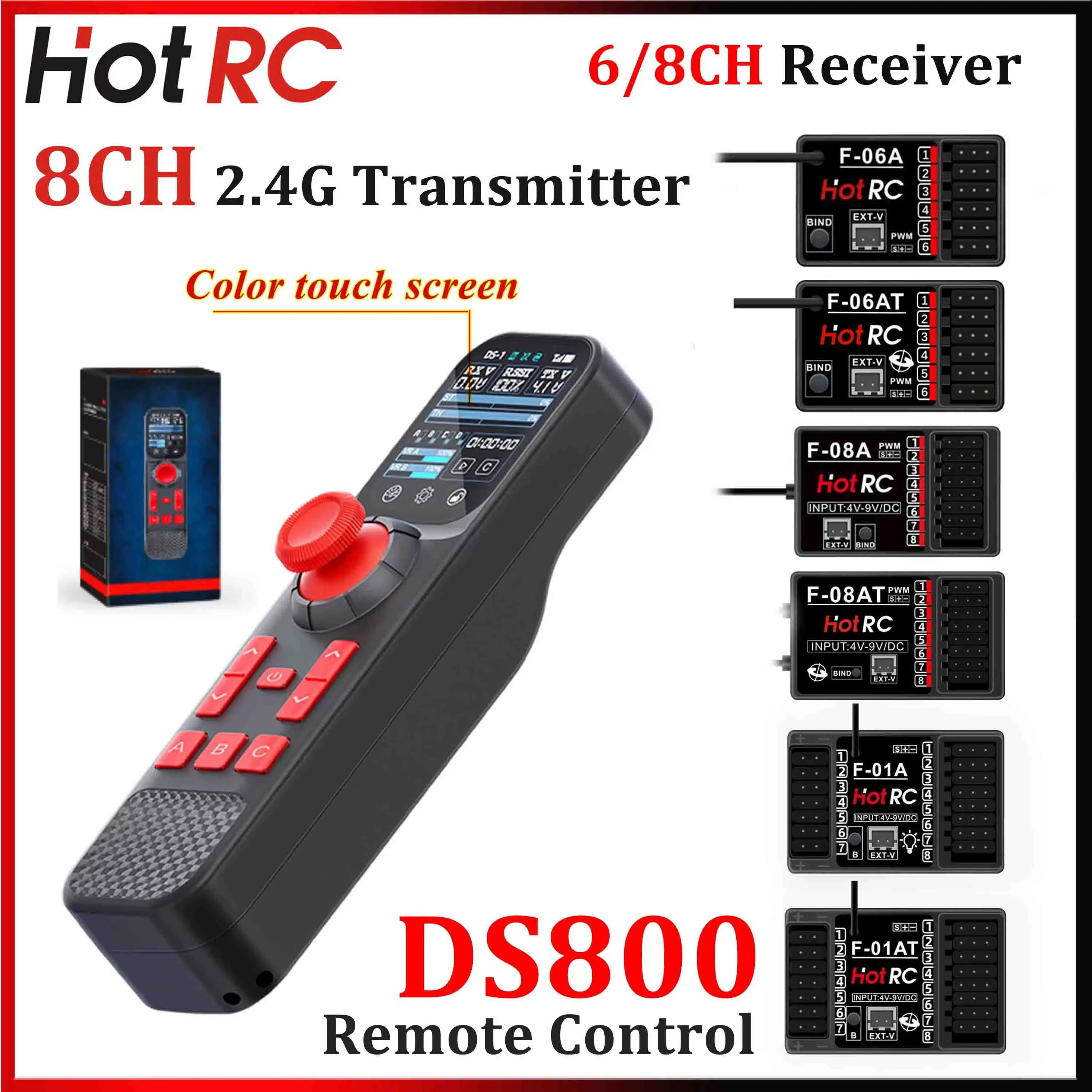 HOTRC DS800 8CH 2.4G Transmitter Color Touch Screen Remote Control F-06AT F-08AT F-01AT 6/8CH Receiver for RC Car Crawler Boat