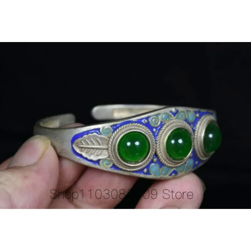 6.5cm Rare Chinese Old Miao Silver Inlaid Green Gemstone Flower Jewelry Bracelet