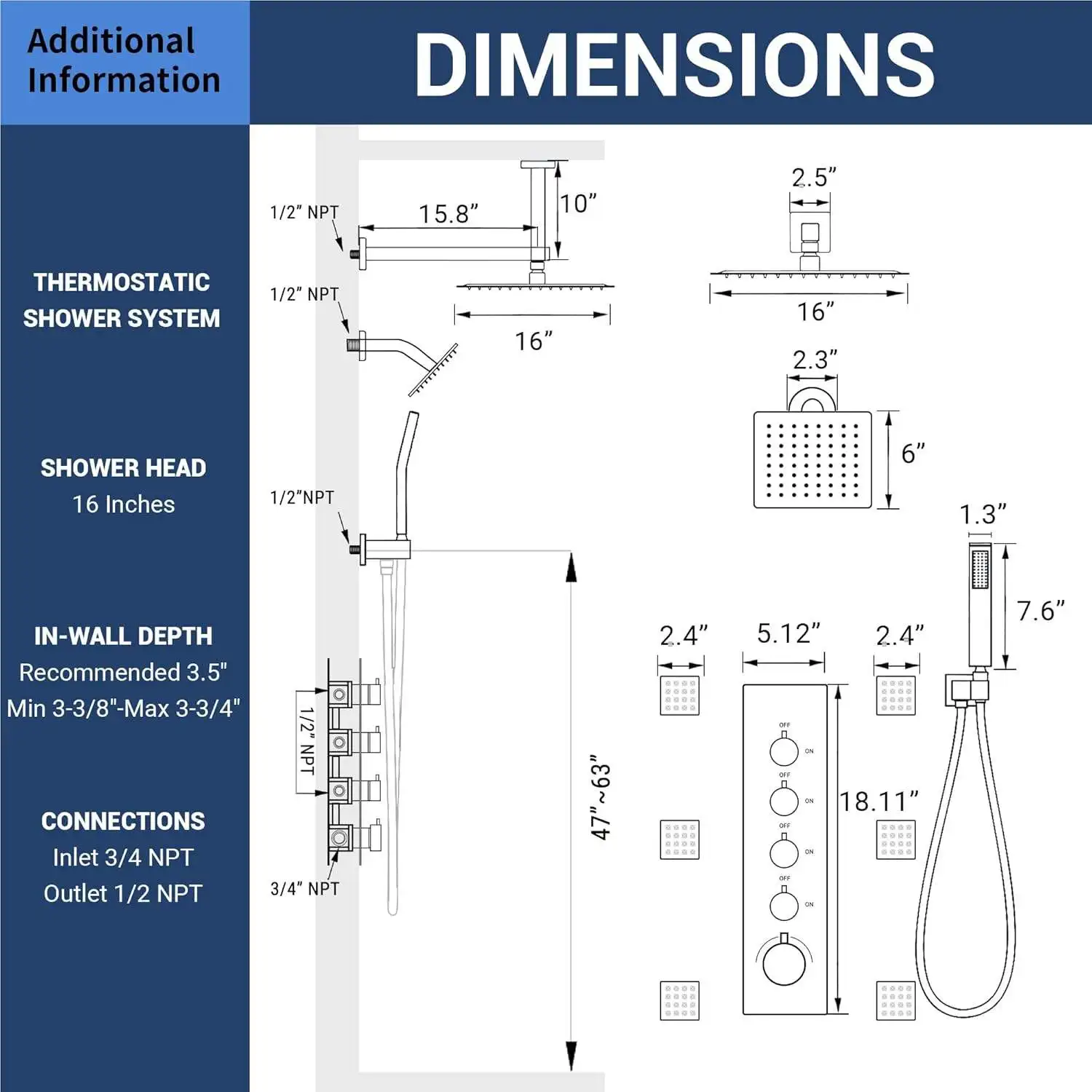 Thermostatic Dual Shower System 6 Body Jets 6-Inch 16" Rainfall Shower Modern Design Wall Mount Polished Gold Ceramic Faucet Set view 2
