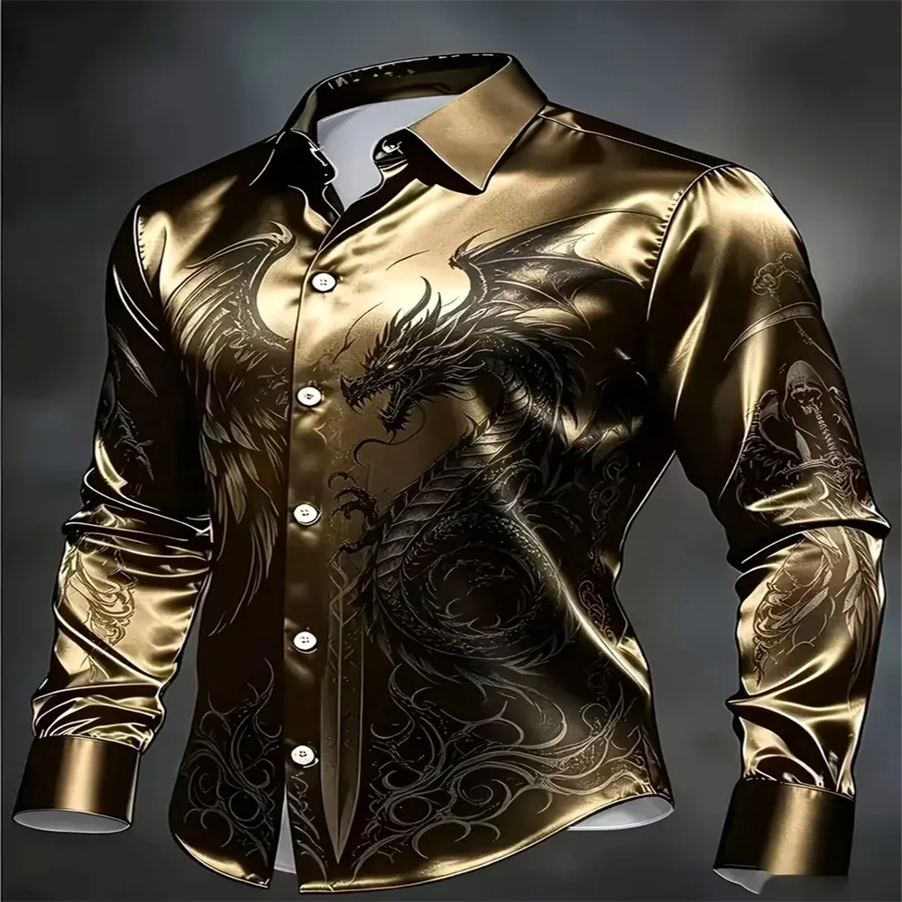 Luxury Glossy Satin Men Shirt, Gothic Black Dragon Print Long Sleeve Lapel Button Up Shirt, Slim Fit Formal Party Wedding Dress