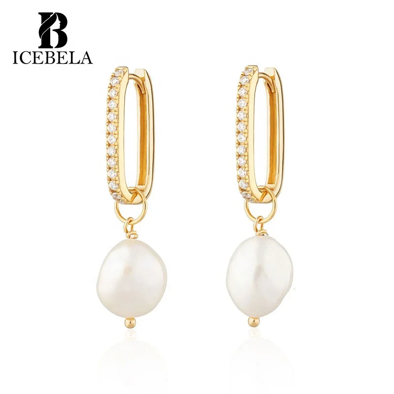 ICEBELA Fine Jewelry Custom Bohemian Clip On Earring Jewelry Women Cz U Shape Oval Freshwater Pearl Drop Hoop Earrings For Women