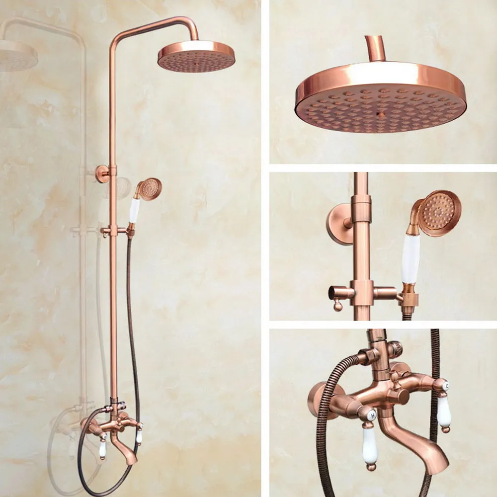 

Antique Red Copper Bathroom Rainfall Shower Faucet Set Bathtub Mixer Tap With Hand Sprayer Wall Mounted Bath Shower Sets