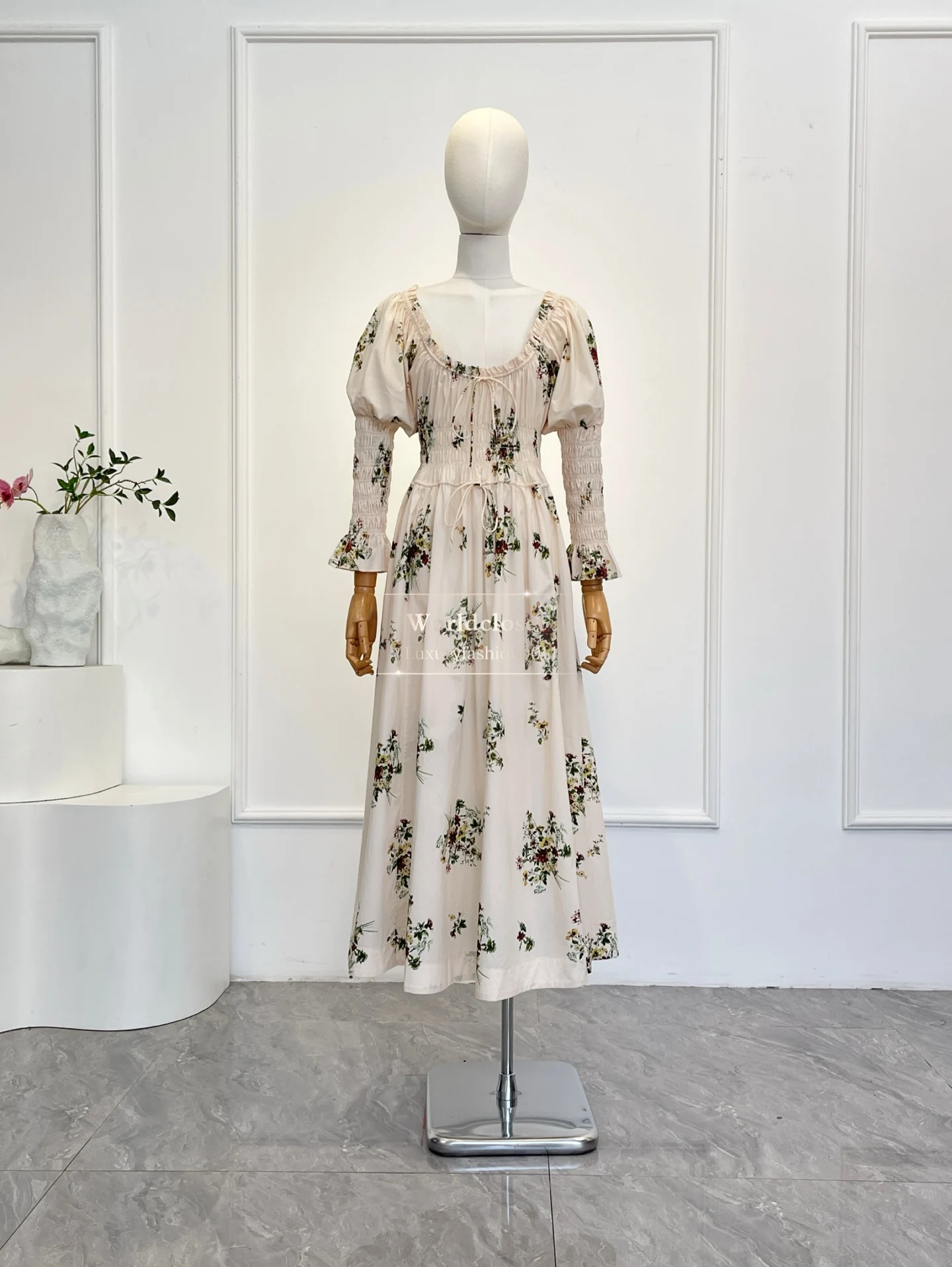 

White Flowers Print Off The Shoulder 3/4 Sleeve Harass Midi Dress