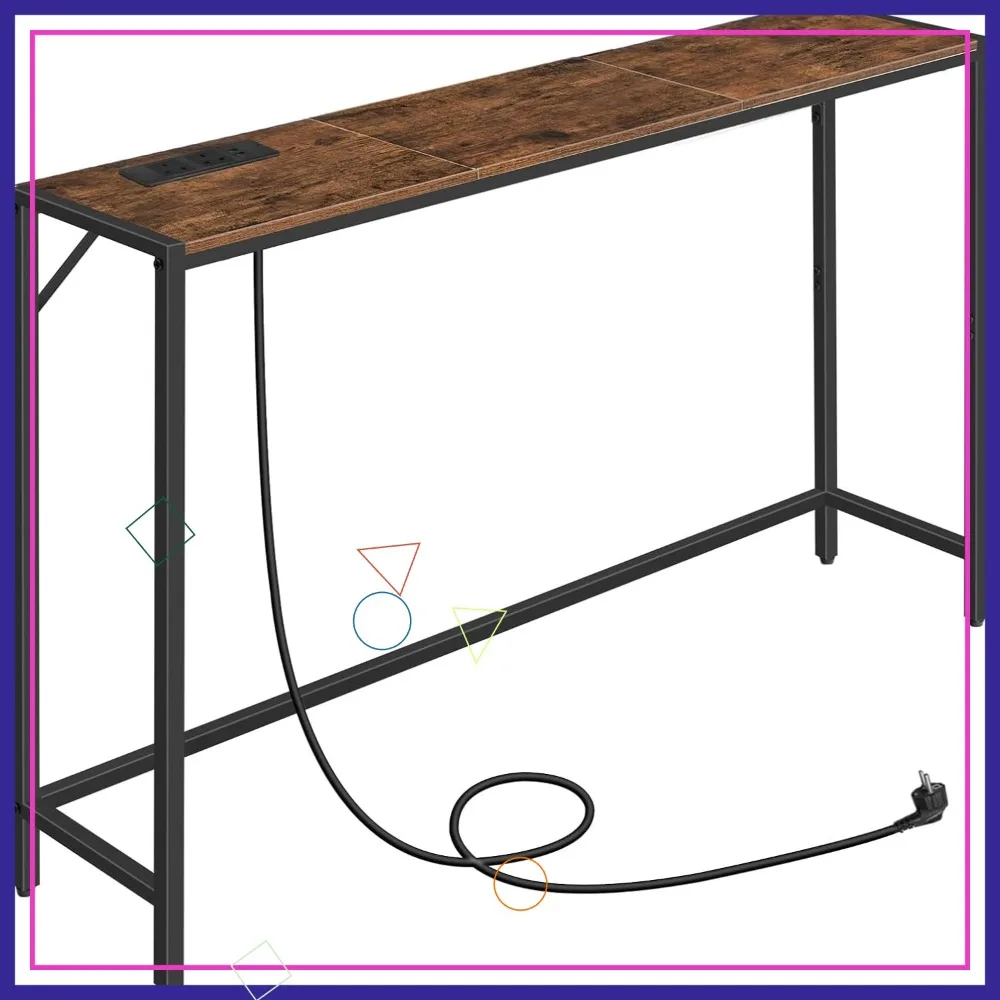 

43.3" Narrow Console Table with Power Station, Rustic Brown and Black, for Living Room, Hallway Entryway