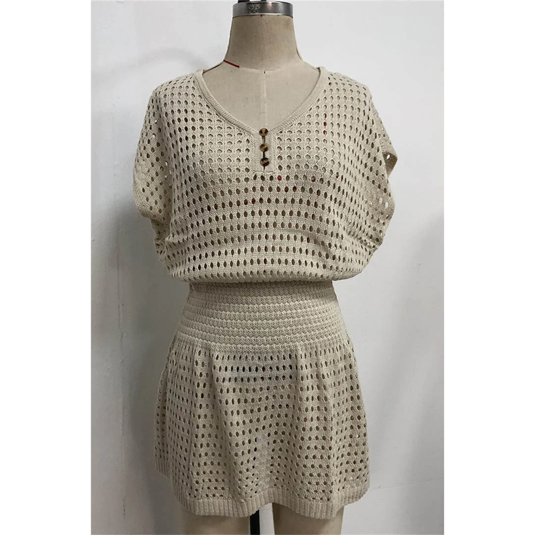 2026 Ausgehöhltes Kurzarm-Häkel-Strick-Tunika-Strandkleid Strandkleidung Strandmode Strand-Cover-Up für Damen V5494 – Detail 24