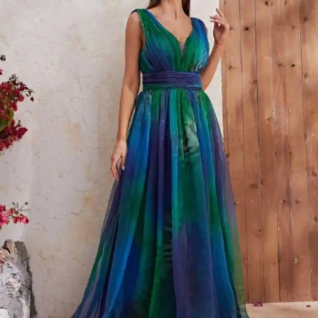 Summer New Women's Deep V Bal Printed Dr High Waist A-Line Long Skirt Svel Dyed tough Head Zipper Closure