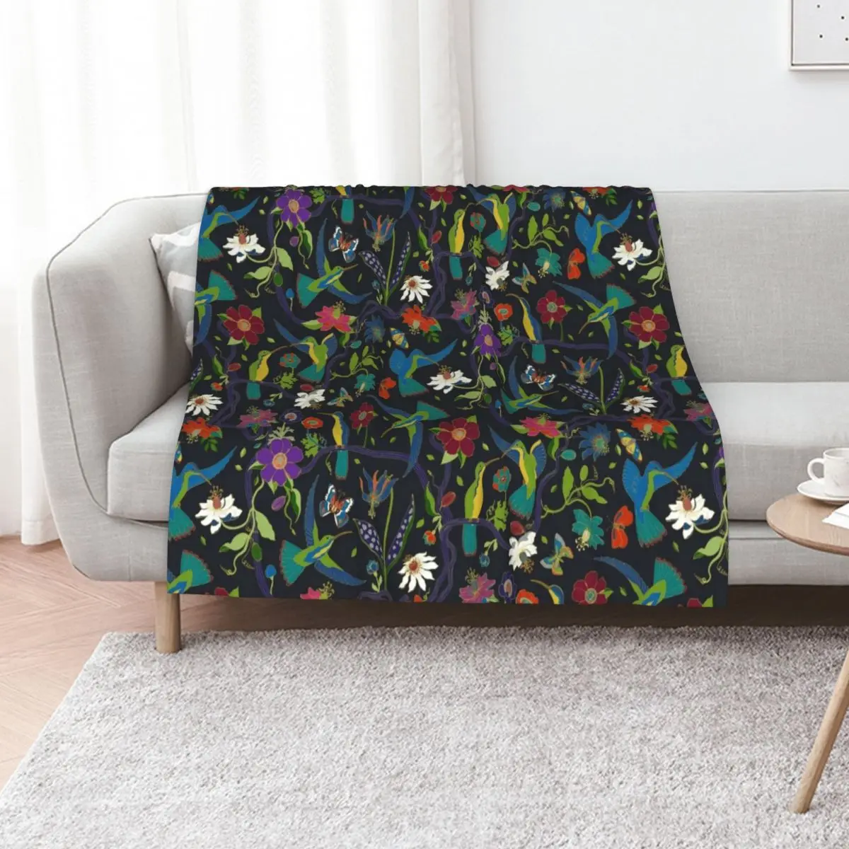 Hummingbirds and Passionflowers - Cloisonne on Black - pretty floral bird pattern by Cecca Designs Throw Blanket Hairy Blankets