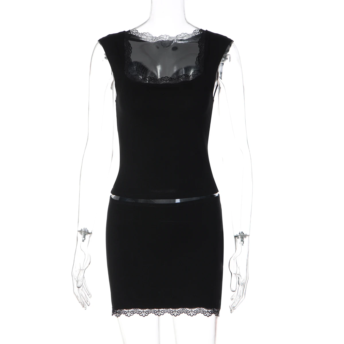 Hugcitar Fashion 2-teiliges Set, schwarz, quadratischer Kragen, Patchwork-Spitze, sexy Crop-Tank-Top, Rock, Sommer-Outfits für Damen, Streetwear, Club – Detail 2