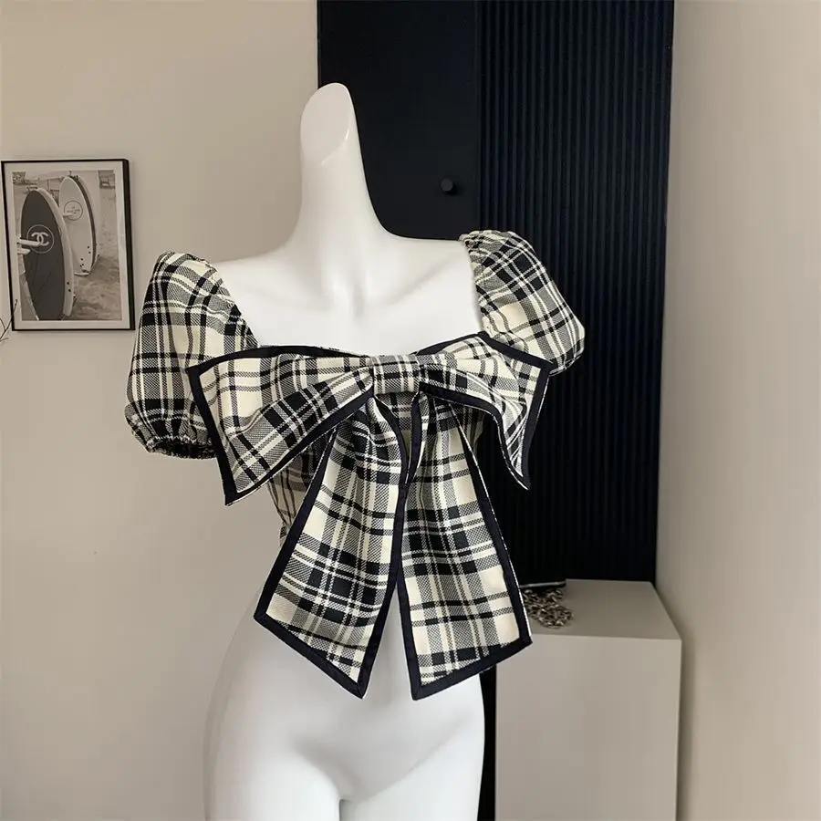 

Bow Plaid Shirts For Women Square Collar Puff Sleeve Slim Summer Crop 2024 Summer New Style Tops Korean Fashion French Niche