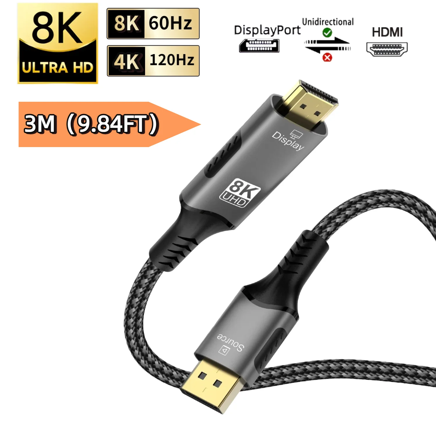 8K DisplayPort to HDMI Cable DP1.4 to HDMI 2.1 Converter 8K@60Hz