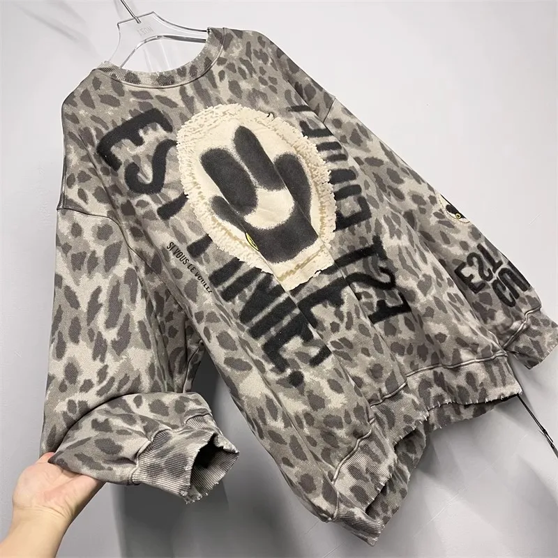

Мужская толстовка свободного кроя на осень-зиму, большие размеры, с принтом 300 Pou Letter Smile Leopard, винтажная, с длинным рукавом, парная модель