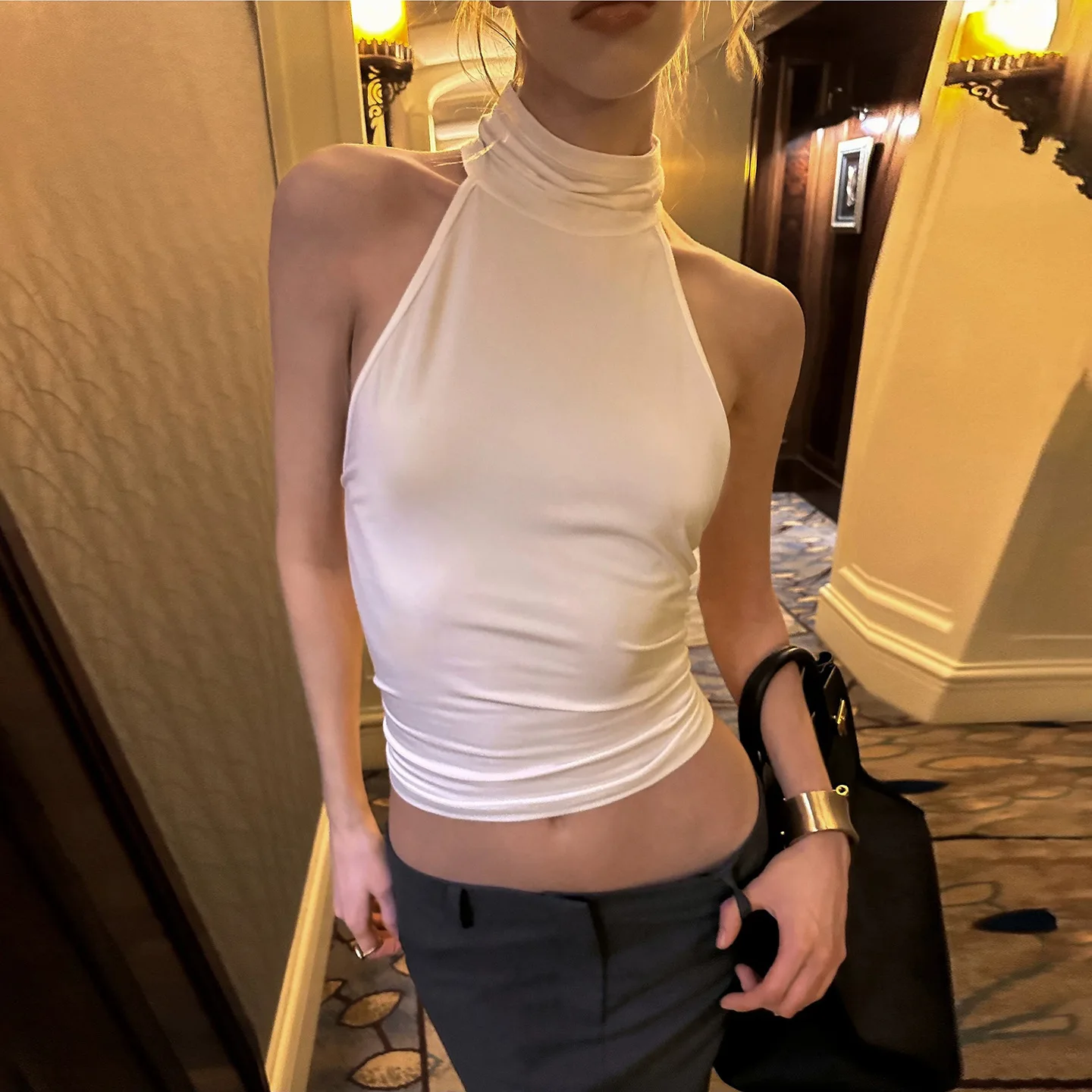 Women Turtleneck Halter Crop Top Sleeveless Lace Open Back Ruched Back Slim Fit Solid Color Y2K Streetwear Party Club Tank Top