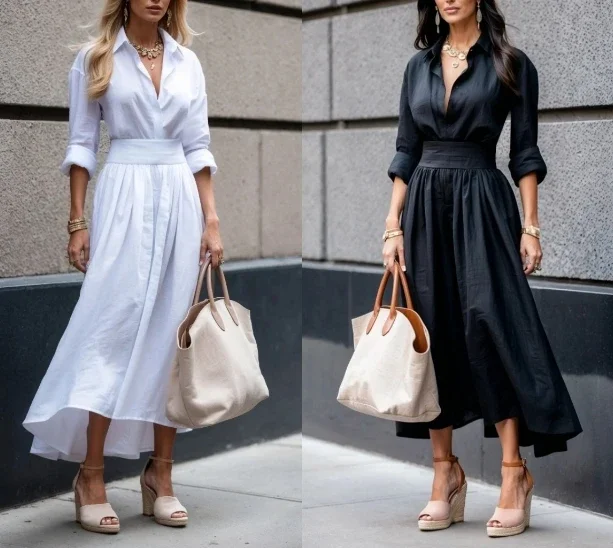 エレガントな女性のドレス新しい長袖ソリッドカラー V ネックシャツハイウエストロング A ラインドレスカジュアルファッション女性のドレス