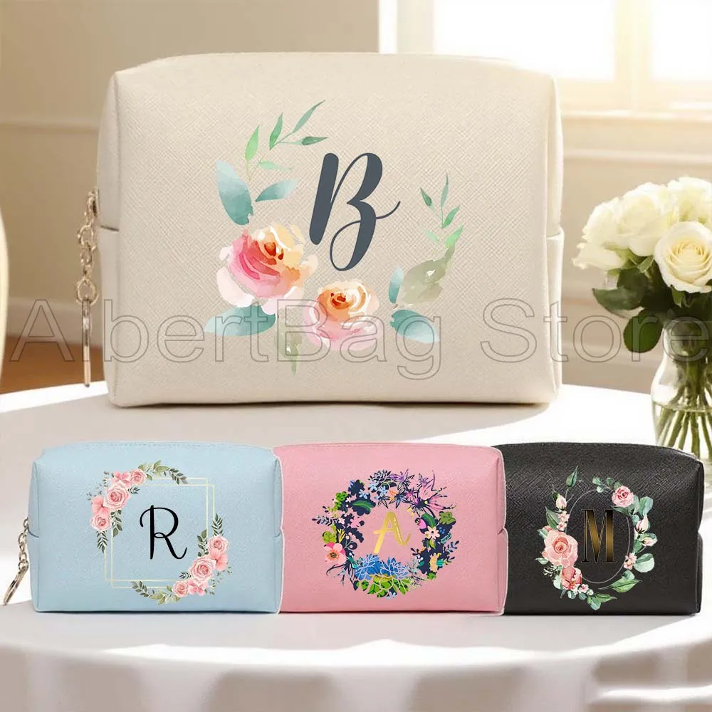 

Floral Leaves Wreath Monogram Initial Letter Birthday Wedding Cute Gift PU Cosmetic Bag Waterproof Makeup Organizer Storage Bags