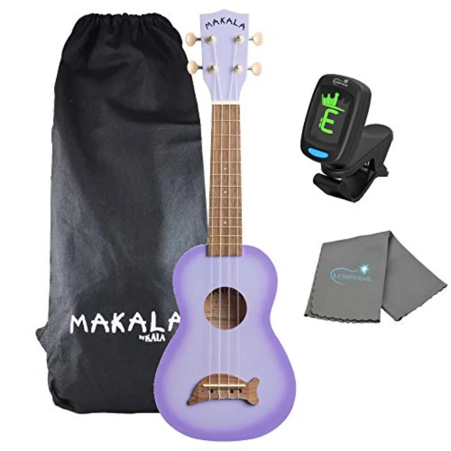 

Soprano ukulele for beginners and performers, purple burst finish on mahogany body, includes tuner and polishing cloth for main