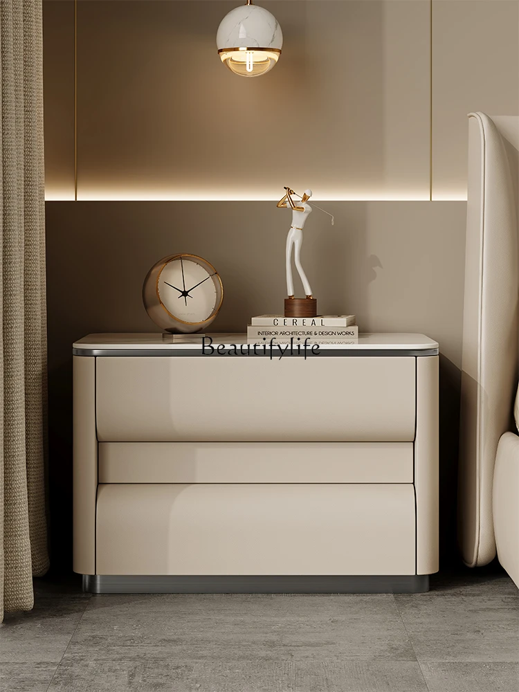 Italian light luxury minimalist cream wind bedside table solid wood leather storage locker